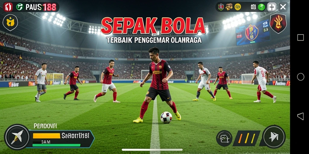 Tangkapan layar dari gameplay PAUS188 menunjukkan aksi pertandingan sepak bola yang intens.