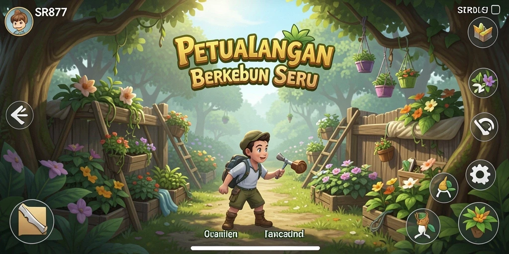 Tampilan gameplay SR877 yang menampilkan aktivitas berkebun yang seru.